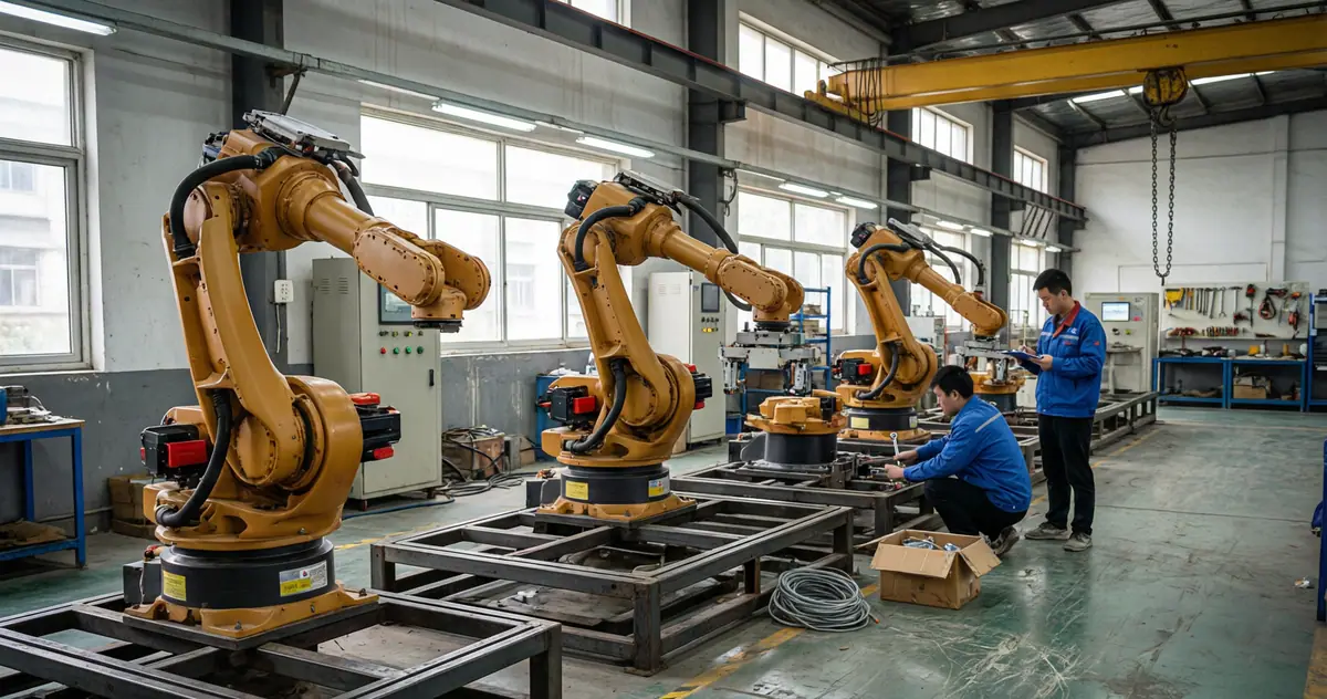 Assembly workshop with 4-axis palletizing robot arms on build stands