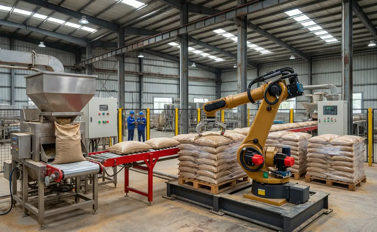Automatic Palletizing Arm with PLC System and Compact Design for Bag Handling in Feed Industry
